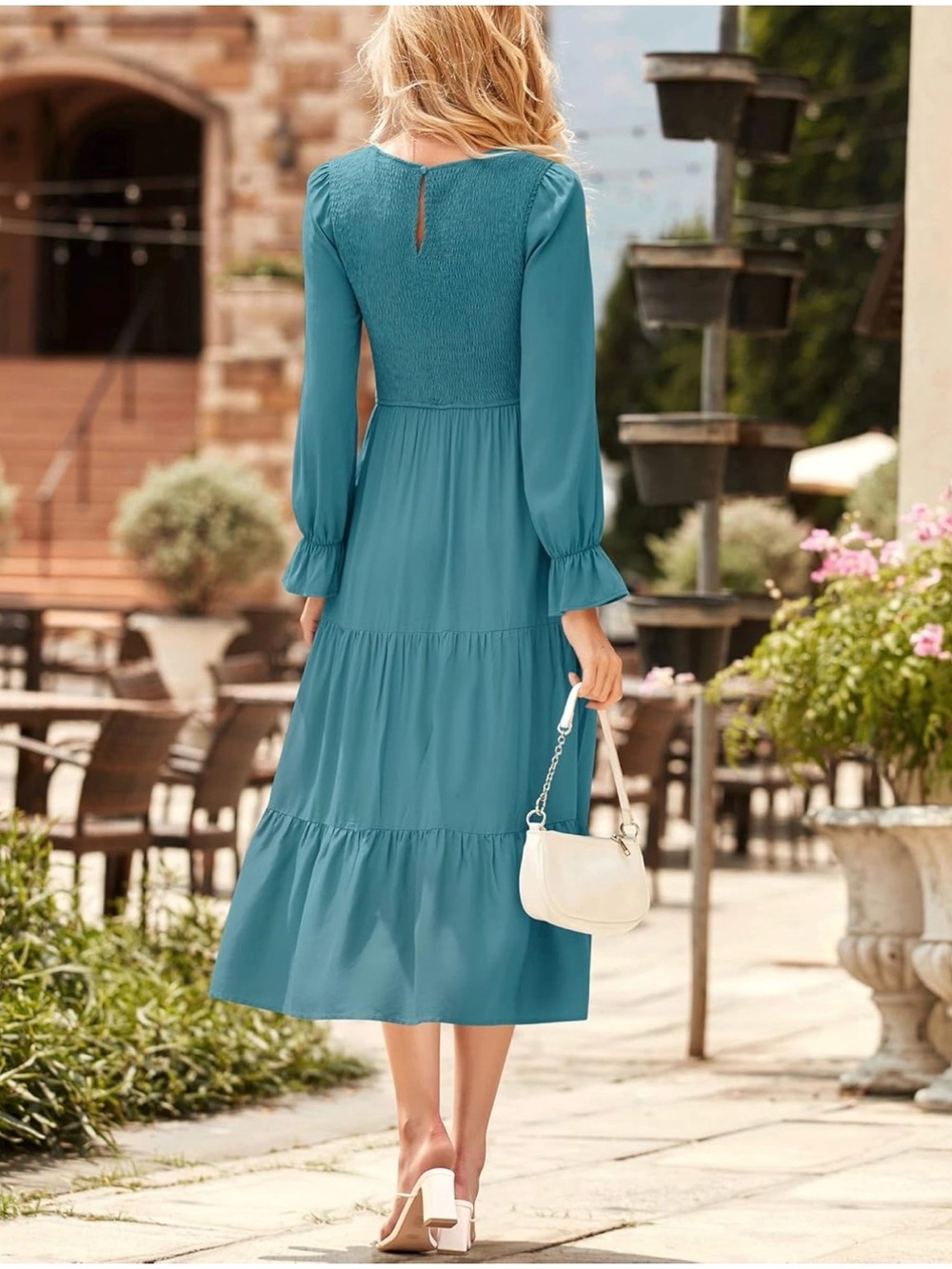 BTFBM Women Casual Long Sleeve Crew Neck Fall Dress in Teal - Picture 4 of 7